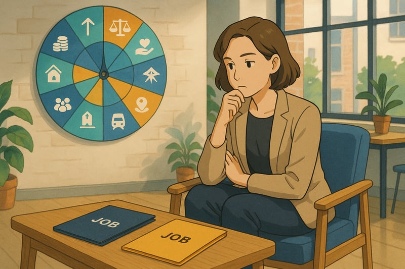 Professionell wirkende Person vergleicht ruhig Joboptionen, während ein farbiges Entscheidungsrad im Hintergrund zwölf Karrierekriterien symbolisiert.