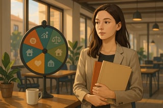 Profesional compara dos ofertas laborales mientras una ruleta de colores destaca al fondo, buscando claridad para decidir su proxima carrera en España.