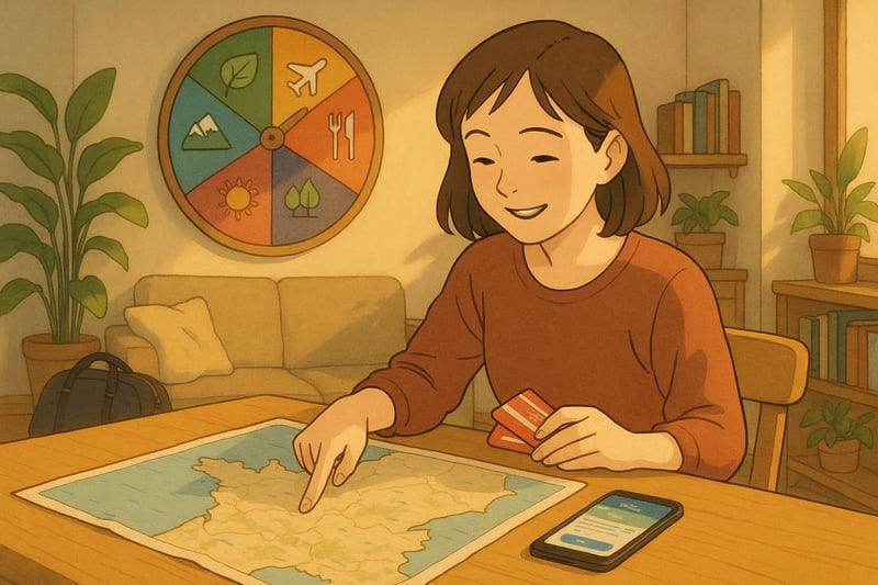 Un voyageur prépare un départ devant une carte et des billets, une roue colorée de décision en arrière-plan inspire un choix rapide et serein.