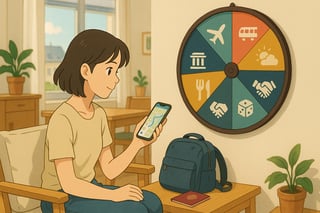 Reisende Person blickt auf eine Karten-App, während ein farbiges Entscheidungsrad im Hintergrund Reiseoptionen symbolisiert.