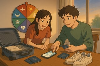 Two travelers pick a destination as a colorful spinner wheel glows nearby, with open luggage, phone booking screen, and weather map visible.