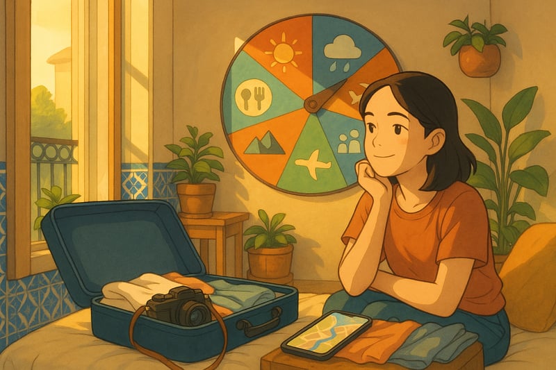 Viajante em sala luminosa escolhe destino com mala aberta e roda de decisao ao fundo com icones de sol, comida e cultura; atmosfera leve e confiante.