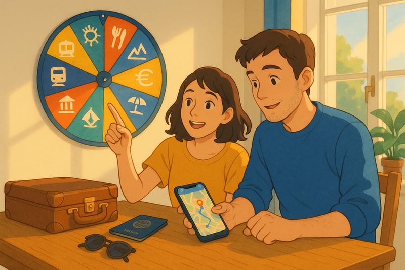 Twee vrienden kiezen een reis met een kleurrijk besliswiel op de achtergrond en reisbenodigdheden op tafel, klaar om spontaan te boeken.