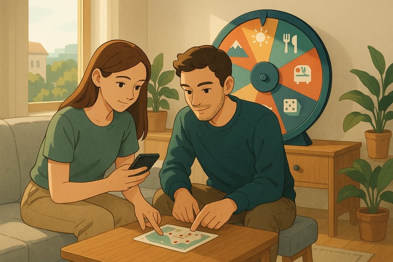 Zwei Personen entscheiden entspannt über Ferienziele, im Hintergrund ein farbiges Spinner-Wheel mit Reise-Icons als spielerische Entscheidungshilfe.
