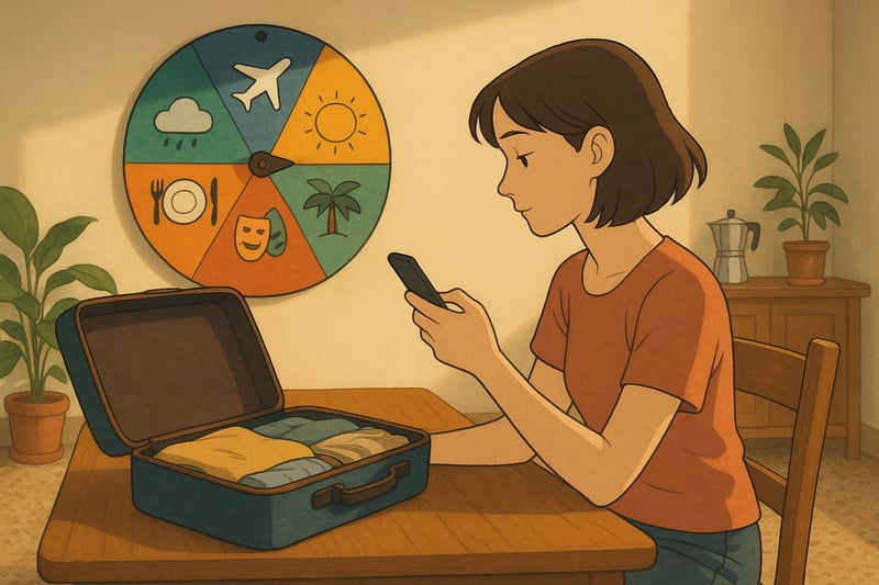 Viaggiatrice al tavolo con valigia e smartphone, ruota colorata delle decisioni di viaggio sullo sfondo che indica la meta