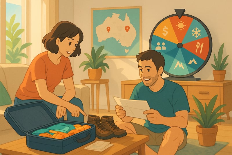 Australian couple planning a holiday at home with an open suitcase, map pins, and a colourful spinner wheel in the background guiding their choice.