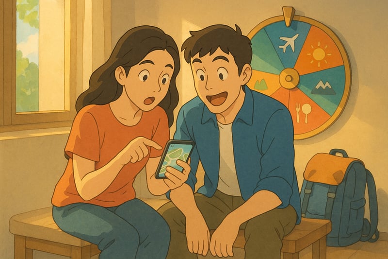 Pareja decidiendo viaje con móvil mientras una ruleta de destinos colorida destaca al fondo en un salón luminoso, evocando elección y aventura.