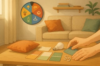 Australian living room with soft morning light, a colourful spinner wheel on the wall, and hands selecting DIY decor materials on a timber coffee table.