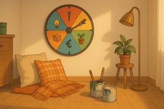 Soggiorno italiano con materiali naturali e dettagli decorativi; in secondo piano una ruota decisionale colorata guida piccoli interventi di arredo.