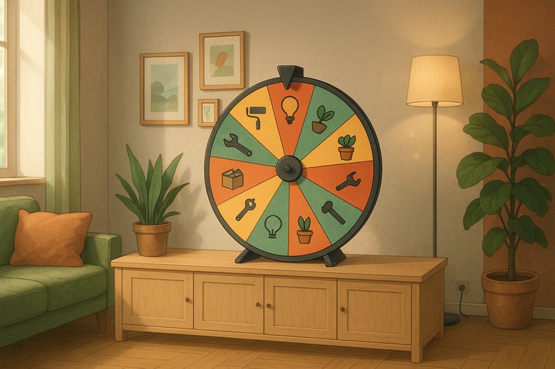 Helles Wohnzimmer mit Sideboard, Pflanzen und dezenten Farbakzenten; ein farbiges Glücksrad mit Symbolen steht sichtbar als Motivation im Hintergrund.