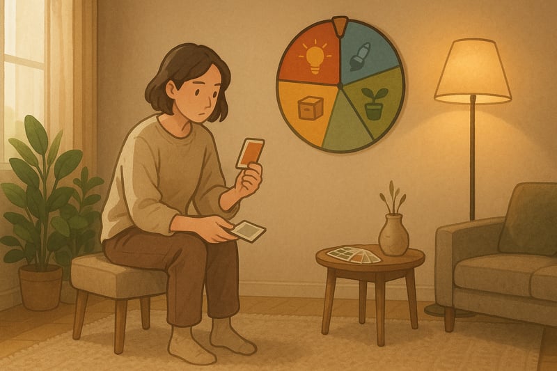 Nederlandse woonkamer met warme tinten, planten en een zichtbaar besliswiel op de muur; bewoner kiest tussen kleuraccent en verlichting-upgrade.