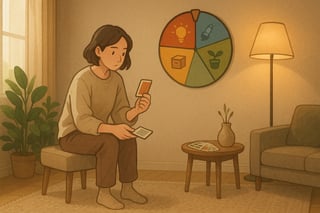 Nederlandse woonkamer met warme tinten, planten en een zichtbaar besliswiel op de muur; bewoner kiest tussen kleuraccent en verlichting-upgrade.