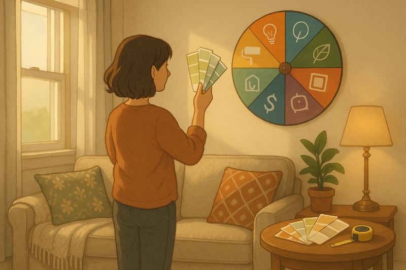 Sunlit living room with neutral sofa, plant, paint swatches, and a colorful spinner wheel guiding quick home decor actions for a small makeover.