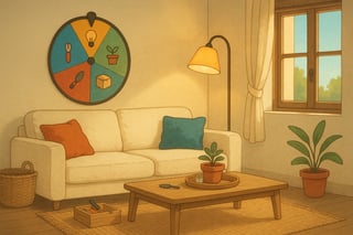 Salon luminoso en piso espanol con ruleta de decoracion al fondo, textiles calidos, planta y lampara de pie, listo para mejoras low cost.