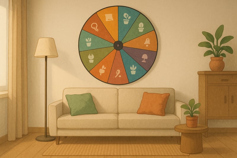 Modernes Wohnzimmer in der Schweiz mit natuerlicher Deko und einem farbigen Entscheidrad im Hintergrund als visuelles Entscheidungstool.