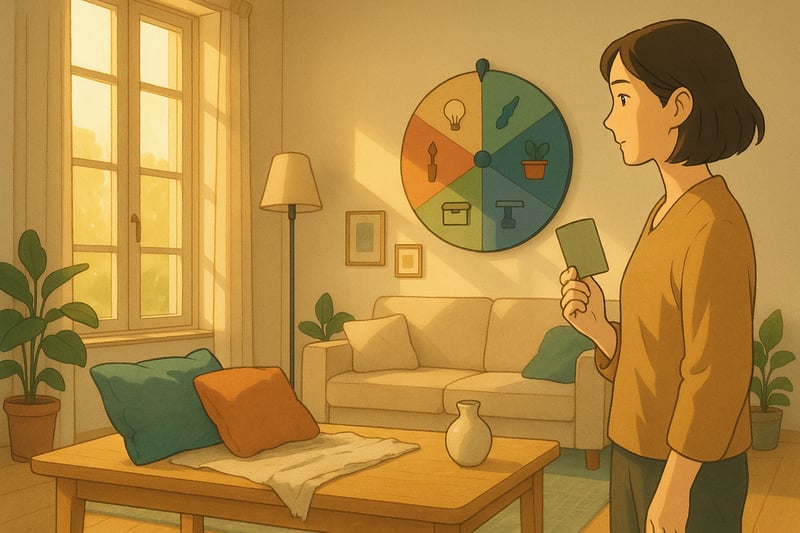 Sala luminosa em apartamento português com mulher a escolher opções de decoração e roleta colorida ao fundo; plantas, almofadas, quadros e luz suave.