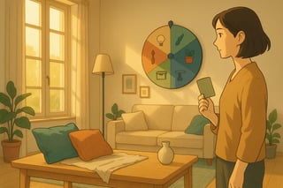 Sala luminosa em apartamento português com mulher a escolher opções de decoração e roleta colorida ao fundo; plantas, almofadas, quadros e luz suave.