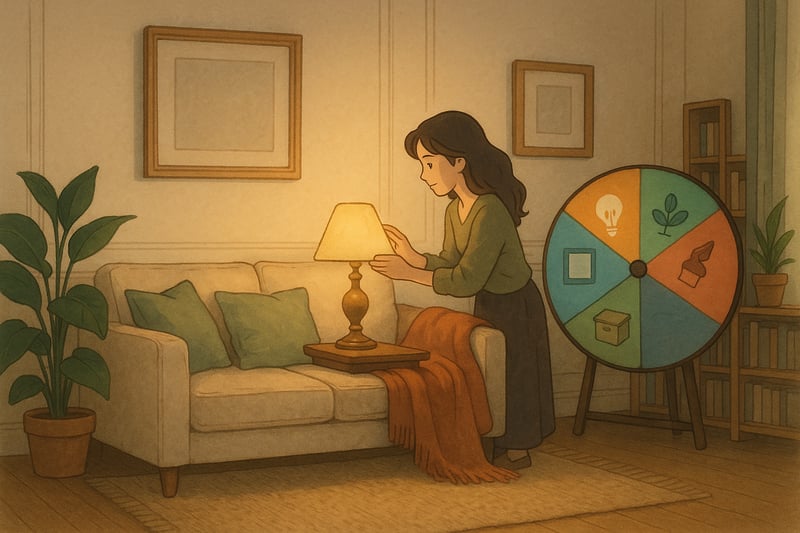 Salon français lumineux avec parquet, personne ajustant une lampe, roue colorée de décisions déco en arrière-plan, textures naturelles et accents chaleureux.