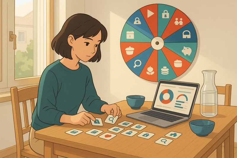 Person auditierte digitale Abos am Kuechentisch, sortiert Dienstkarten; im Hintergrund dreht ein farbiges Rad mit Icons fuer Tracking, Familie und Kosten.