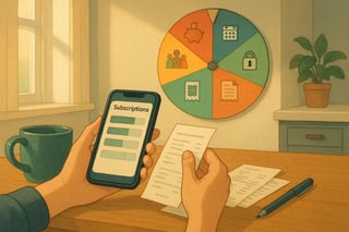 Person reviewing bills on a phone at a kitchen table while a colorful spinner wheel with finance icons hangs in the background to suggest a savings audit.