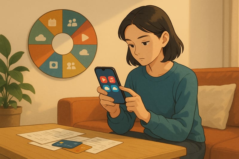 Mujer revisa suscripciones en casa mientras una rueda de auditoria colorida brilla en la pared, con iconos de video, musica, nube y calendario.