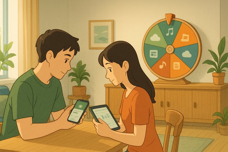 Australian couple reviews digital subscriptions at a kitchen table while a colourful spinner wheel nearby guides a quick, value-focused budget audit.