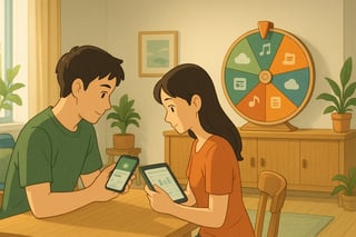 Australian couple reviews digital subscriptions at a kitchen table while a colourful spinner wheel nearby guides a quick, value-focused budget audit.