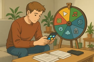 Persoon in een Nederlandse woonkamer ordent digitale abonnementen; een kleurrijk audit-spinnenwiel is duidelijk zichtbaar op de achtergrond.