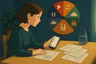 Une personne analyse ses abonnements sur un smartphone, avec factures sur une table et une roue colorée au mur servant de guide visuel.