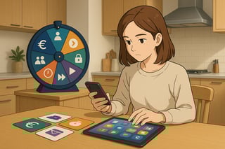 Junge Frau ordnet am Küchentisch Smartphone-Abos, während ein farbiges Glücksrad im Hintergrund die 15 Audit-Schritte symbolisiert.