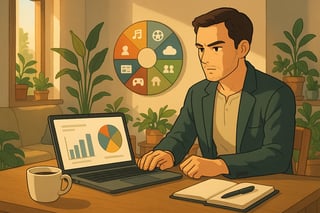 Interno domestico italiano con ruota audit degli abbonamenti sullo sfondo e persona che rivede grafici per semplificare servizi e ridurre costi mensili.