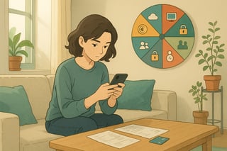 Pessoa em casa organiza faturas e apps no smartphone enquanto uma roda colorida ao fundo sugere a auditoria de 15 subscricoes para poupar.