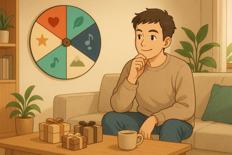 Junge Person im modernen Schweizer Wohnzimmer waehlt mit farbigem Spinner Wheel eine Geschenkidee; dezente Geschenkboxen und warme Lichtstimmung.