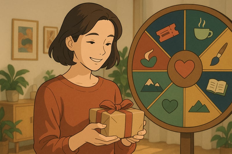 Personne souriante tenant un cadeau simple dans un salon chaleureux, avec une roue colorée en arrière-plan illustrant différentes idées cadeaux.