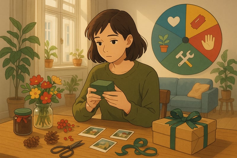 Junge Person wählt entspannt ein Geschenk, im Hintergrund ein farbiges Entscheidungsrad mit universellen Icons für Erlebnisse, Genuss, Hobby, Spenden.