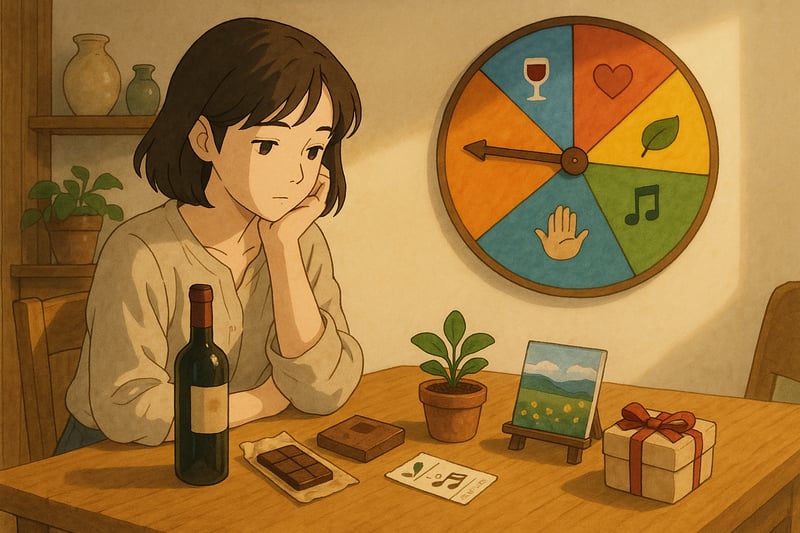 Scena domestica italiana con persona che sceglie un regalo; sullo sfondo una ruota colorata suggerisce 15 strategie per una scelta serena.