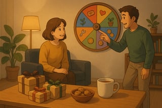 Gezellige Nederlandse woonkamer met cadeaus op tafel en een kleurrijk besliswiel op de achtergrond dat helpt snel een passend cadeau te kiezen.