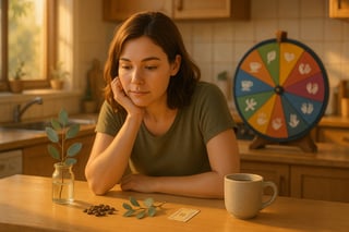An Australian woman considers gifts in a cosy kitchen as a colourful spinner wheel with icons for experiences, food, charity and hobbies sits nearby.