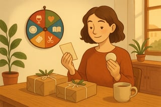 Pessoa em sala acolhedora em Portugal decide um presente, com uma roda colorida ao fundo e opcoes visuais de experiencias, doces e doacoes.