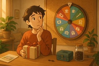 Person compares a wrapped gift while a colorful spinner wheel with icons glows in the background, signaling quick gift decisions.