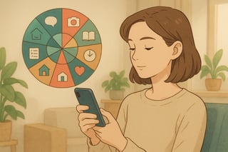 Person in Schweizer Alltagsszene mit Smartphone; im Hintergrund ein farbiges Drehrad visualisiert 15 Wege zur Vereinfachung von Social Media.