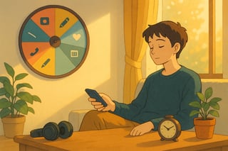 Persona en salon contemporaneo decide su enfoque digital mientras una ruleta de colores sugiere opciones para simplificar redes y priorizar conexiones.