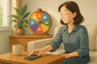 Australian professional sets phone aside as a colourful spinner wheel sits in the background, suggesting a simple choice to reduce social media overwhelm.