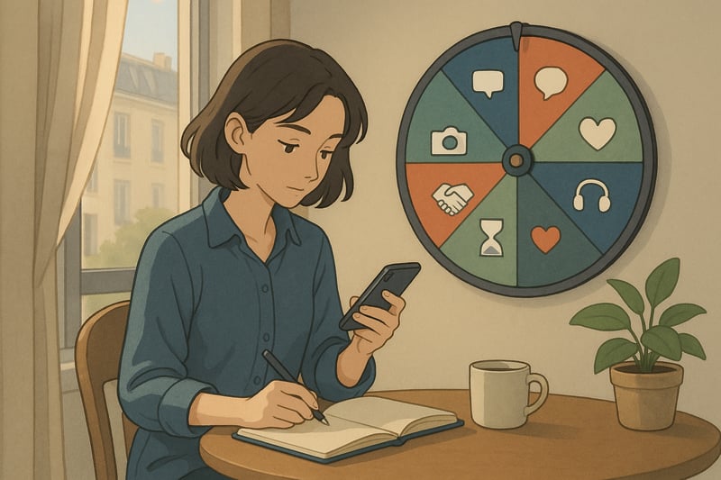 Jeune adulte en France choisit une strategie reseaux sociaux; roue multicolore derriere lui et smartphone ouvert sur une table lumineuse.