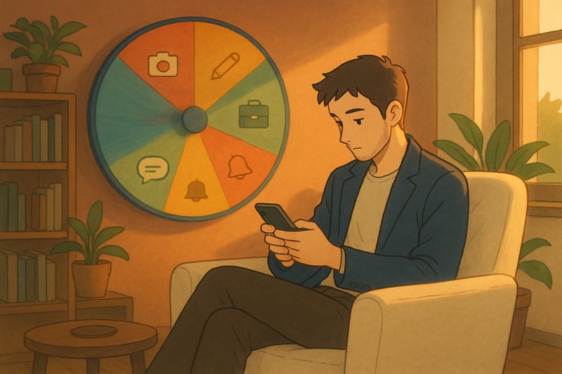 Professionista in salotto moderno guarda lo smartphone mentre una ruota colorata delle scelte social ruota chiaramente sullo sfondo.