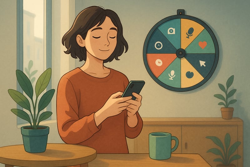 Pessoa em casa decide simplificar redes sociais com uma roda colorida ao fundo e segura o telemovel, transmitindo foco e leveza no uso digital.