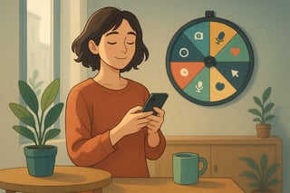 Pessoa em casa decide simplificar redes sociais com uma roda colorida ao fundo e segura o telemovel, transmitindo foco e leveza no uso digital.