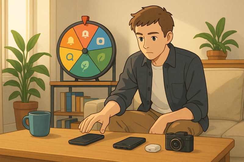 A person pauses amid phones and cameras while a colorful spinner wheel glows in the background, hinting at a simple social focus.