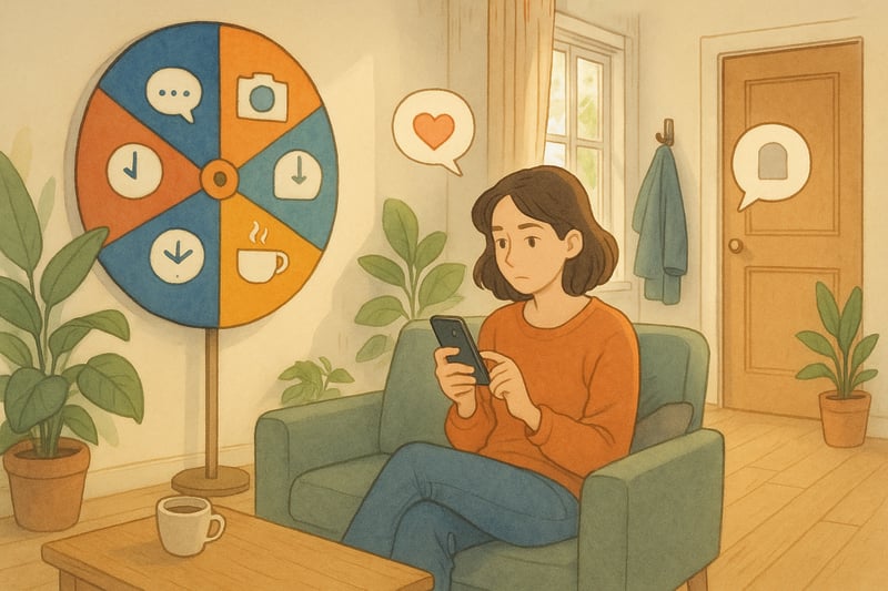 Gebruiker in Nederlandse woonkamer maakt een sociale‑mediakeuze met een kleurrijk keuzewiel op de achtergrond, focus op rust en eenvoud.