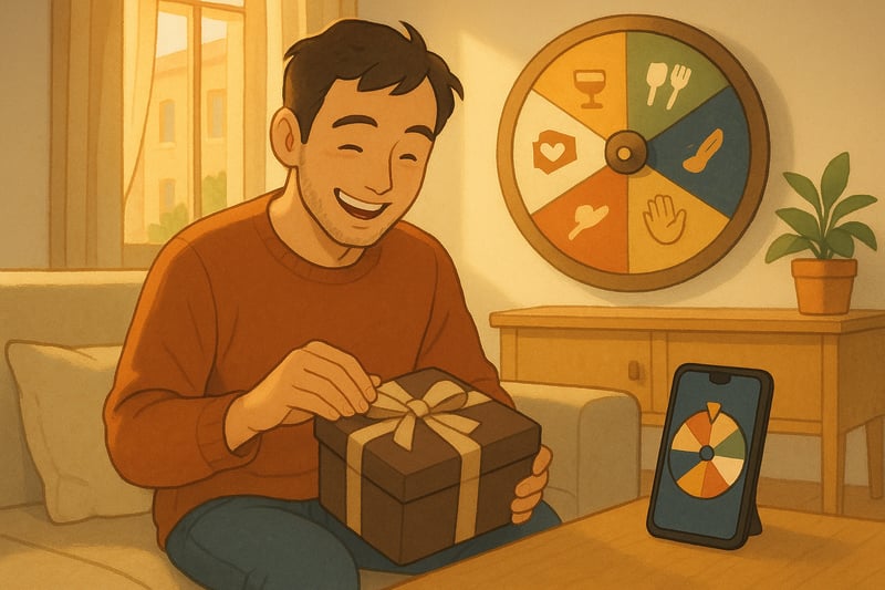Persona eligiendo un regalo con ayuda de una ruleta de decisiones en casa; móvil y caja sencilla, ambiente cálido y detalles locales sobrios.